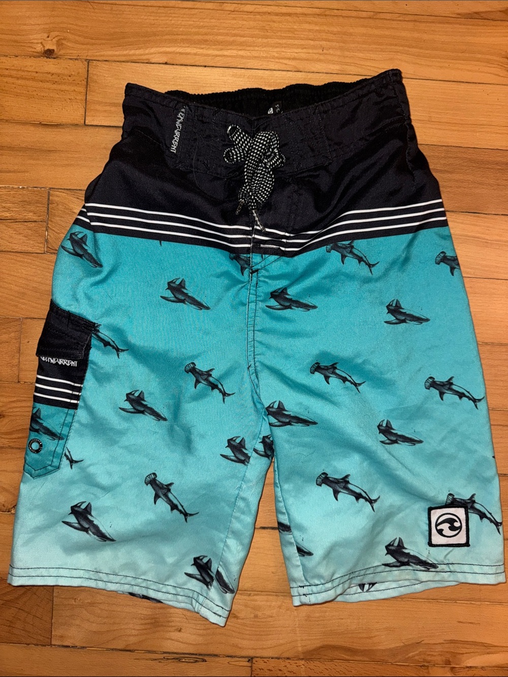 Ocean Current Teal and Black Hammerhead Shark Swim Trunks 4/5